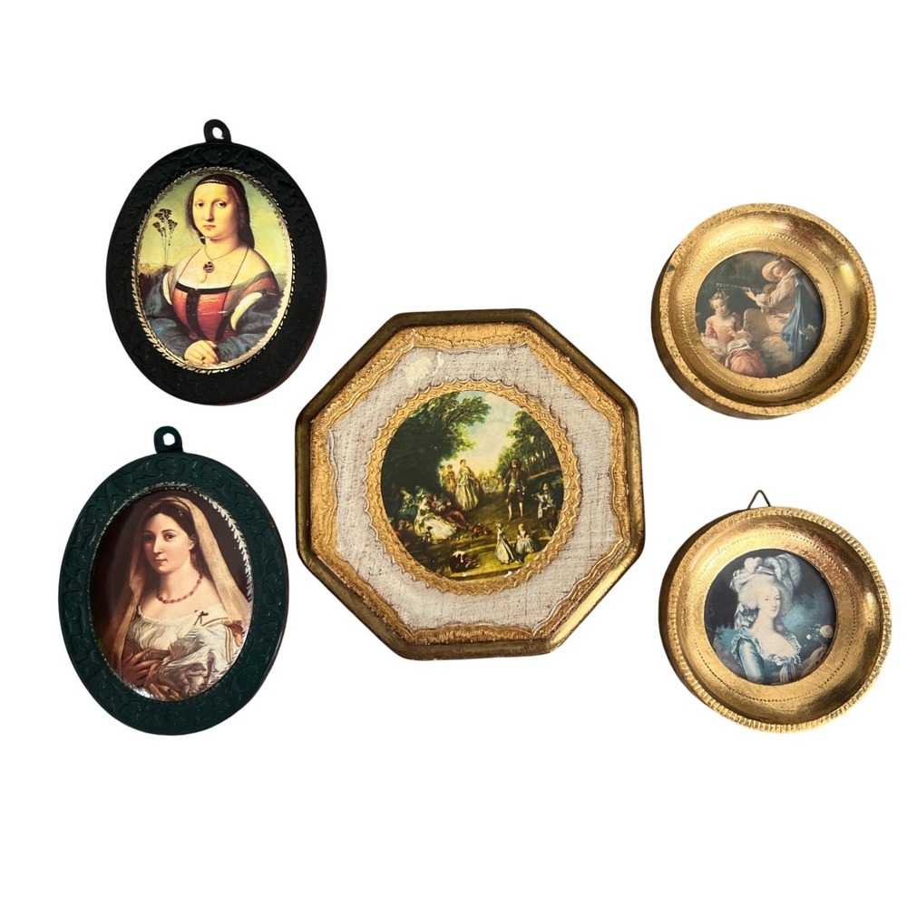 Vintage Florentia Italy Miniature Wall Art Set 5 Portrait Scenes Leather Wood
